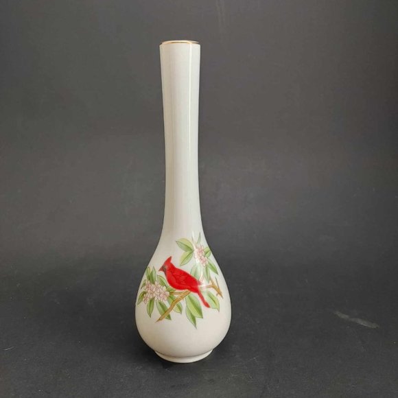 Vintage Lefton Cardinal Bud Vase Gold Trim Japan 2595 EUC 7" Bird Floral - Picture 2 of 9